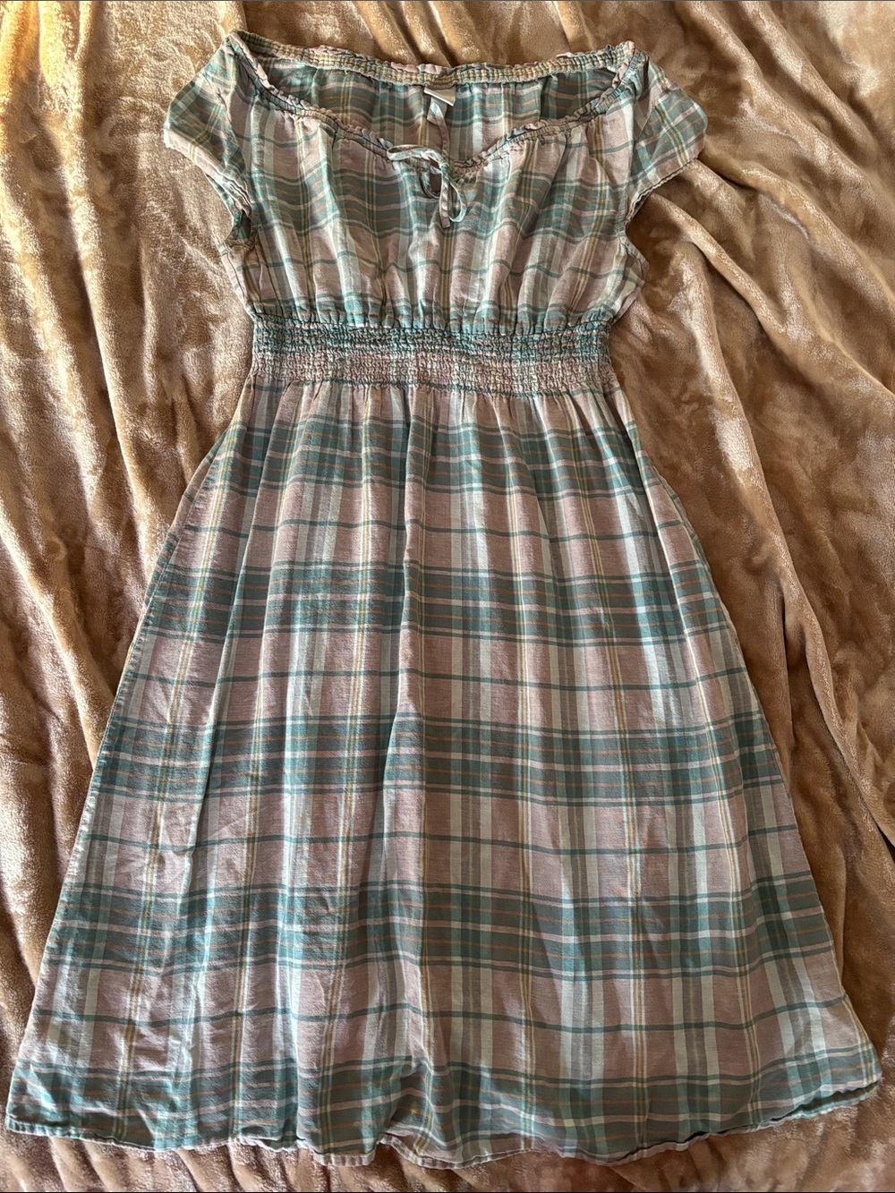 Merona Green and Cream Plaid Smocked Waist Casual Dress